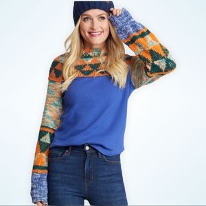 NWT FREE PEOPLE Swit the Small Stuff Mock Neck Top - Orange, Blue Sweater Medium